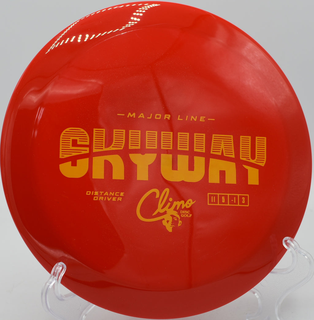 Climo Discs Skyway snapping clean off the tee on hyzer at Lake Eureka DGC in Eureka, Illinois.

