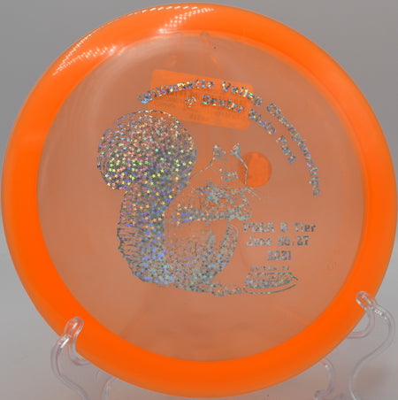 Champion TeeBird holding a steady flight with a slight fade on Hole 5 at Water Works Park Disc Golf Course, Kansas City, Missouri.
