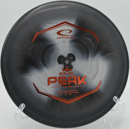 Latitude 64° Sense Peak fading gently toward the basket on Hole 9 at Rolling Pines Disc Golf Course, Wilkesboro, North Carolina.
