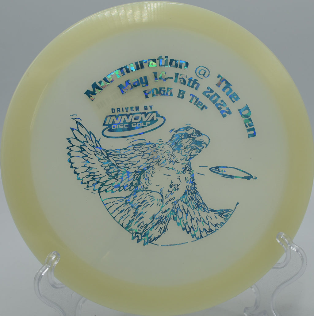 Innova Glow Champion Firebird skipping off the fairway and into the circle on Hole 18 at Sunnyside Disc Golf Course, Charleston, West Virginia.
