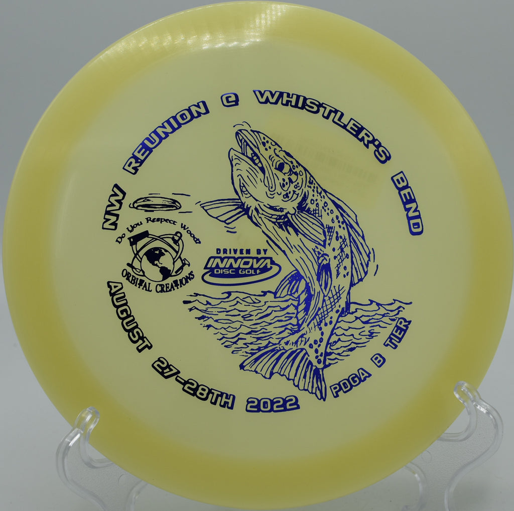 Innova Glow Champion Firebird slicing through the night on Hole 10 at Trophy Club Disc Golf Course, Trophy Club, Texas.
