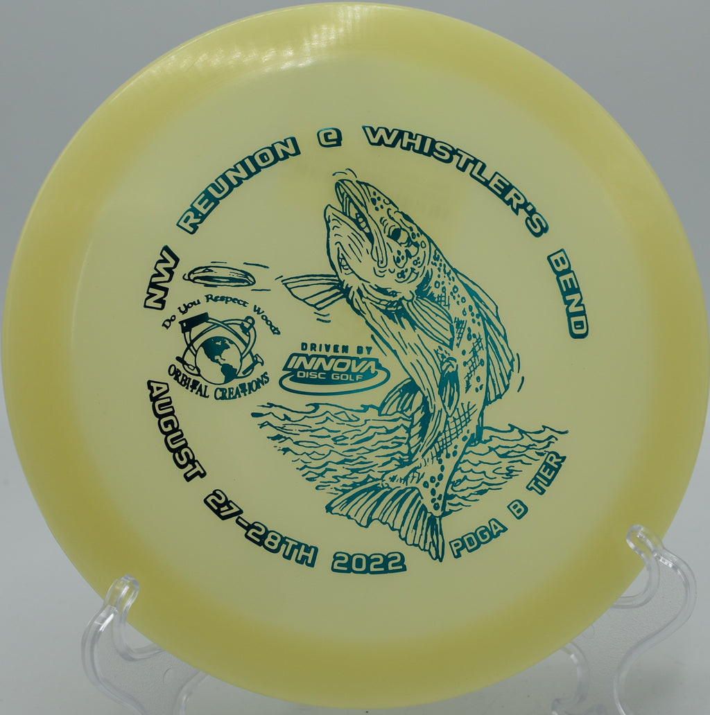 Glow Champion Firebird crushing a forehand drive on Hole 13 at Creekside Park Disc Golf Course, Archdale, North Carolina.
