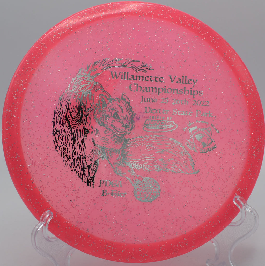 Innova Gator stopping on a dime near the basket on Hole 8 at Panther Creek Disc Golf Course, Springfield, Illinois.
