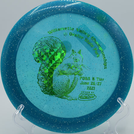 Champion Metalflake Destroyer slicing through a headwind on Hole 12 at Milo McIver State Park Disc Golf Course, Estacada, Oregon.
