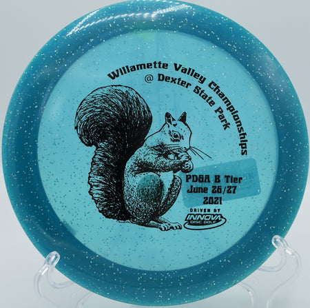 Champion Metalflake Destroyer holding a long flex line on Hole 9 at Eagles Crossing Disc Golf Course, Hawk Point, Missouri.
