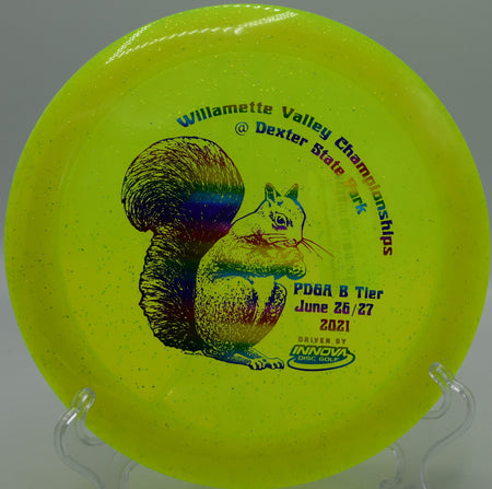 Champion Metalflake Destroyer holding a long flex line on Hole 9 at Eagles Crossing Disc Golf Course, Hawk Point, Missouri.
