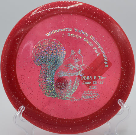 Champion Metalflake Destroyer skipping up to the basket on Hole 14 at Harmony Bends Disc Golf Course, Columbia, Missouri.
