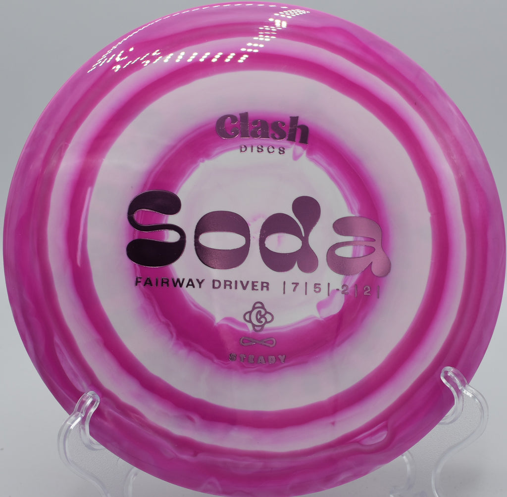 Clash Discs Steady Soda carving a flex shot on Hole 16 at Blue Ribbon Pines Disc Golf Course, East Bethel, Minnesota.
