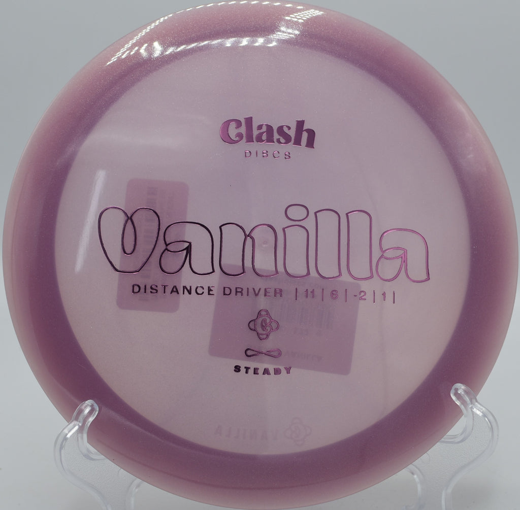 Clash Discs Steady Vanilla gliding effortlessly down the fairway on Hole 12 at Wreckreator Disc Golf Course, Palouse, Washington.
