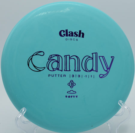 Clash Discs Softy Candy gliding straight into the bullseye on Hole 10 at Trophy Club Disc Golf Course, Trophy Club, Texas.
