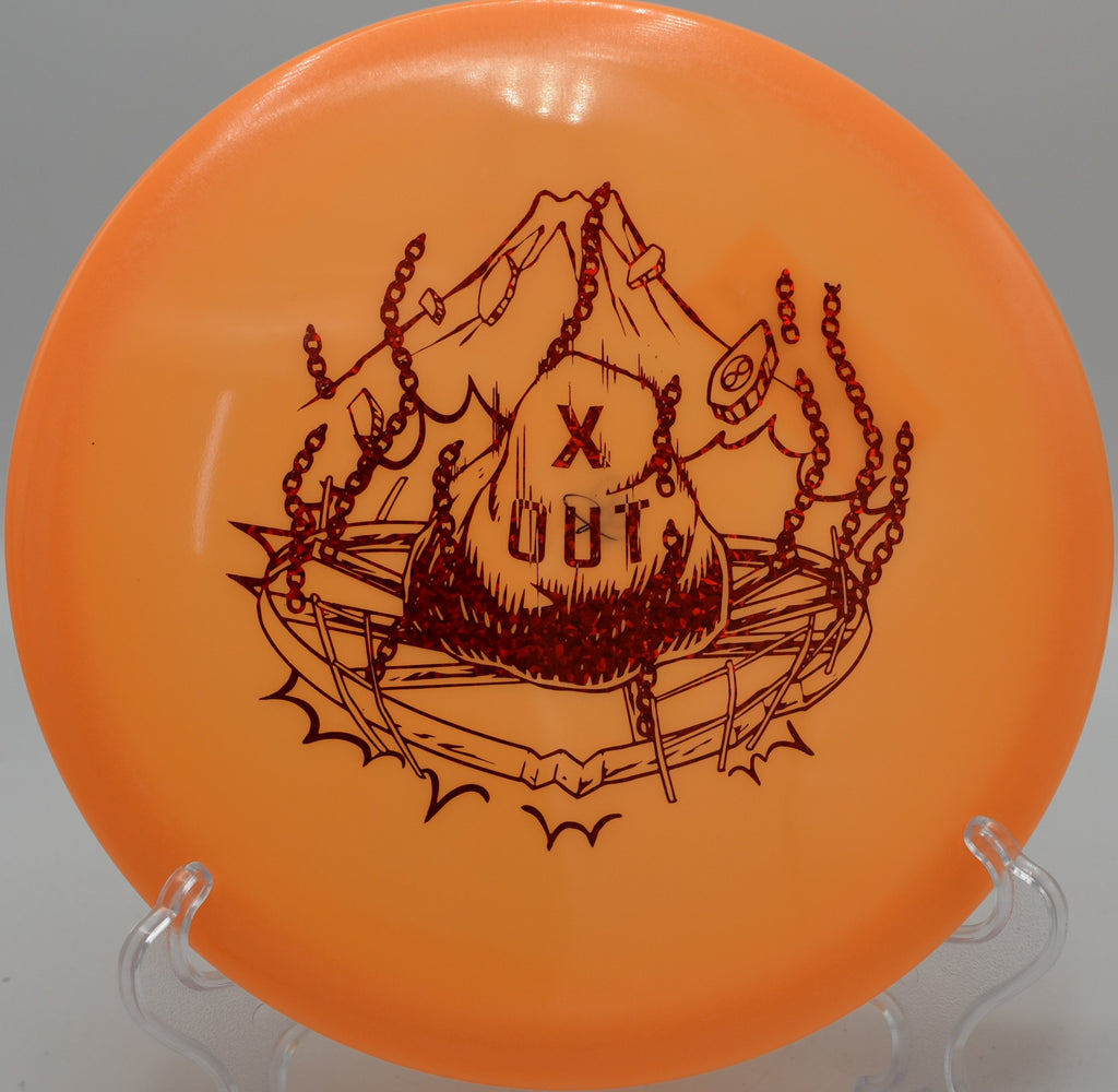 Infinite Discs Glow C-Blend Anubis spinning effortlessly toward the chains on Hole 16 at Magnolia Disc Golf Course, Live Oak, Florida.

