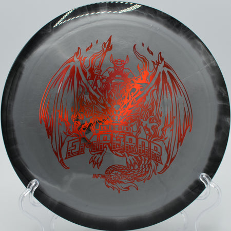 Infinite Discs Halo S-Blend Emperor fading hard to the basket on Hole 12 at Heritage Park Disc Golf Course, Adrian, Michigan.
