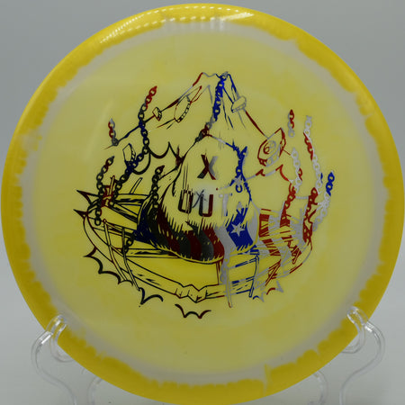 Infinite Discs Halo S-Blend Roman carving a flex forehand shot on Hole 12 at Heritage Park Disc Golf Course, Adrian, Michigan.
