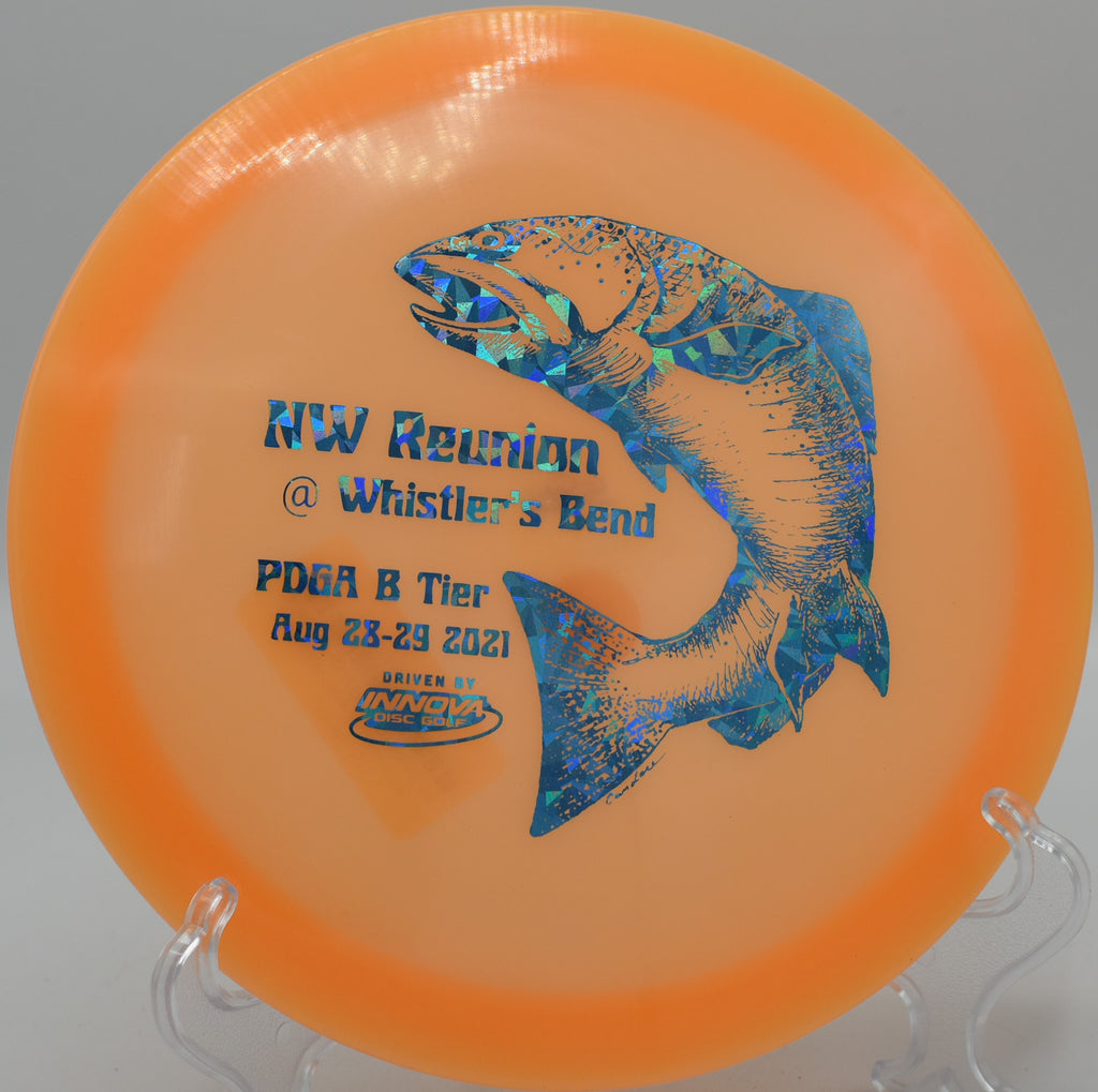 Innova Glow Eagle shining brightly as it fades toward the basket on Hole 14 at Persimmon Ridge Disc Golf Course, Greenbrier, Arkansas.
