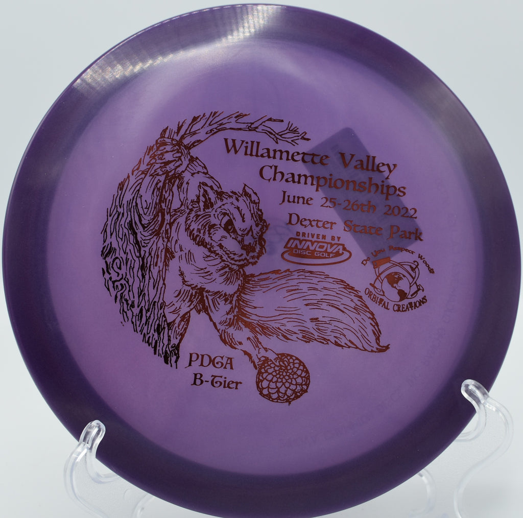 Champion Eagle skipping up toward the basket on Hole 9 at Wreckreator Disc Golf Course, Palouse, Washington.
