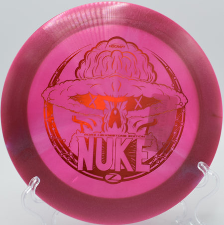 Z Nuke soaring over the fairway on Hole 7 at Panther Creek Disc Golf Course, Springfield, Illinois.
