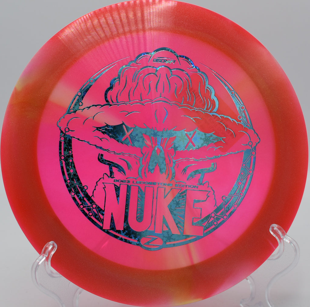 Z Nuke skipping up toward the pin on Hole 15 at The Bear Disc Golf Course, Hickory, North Carolina.
