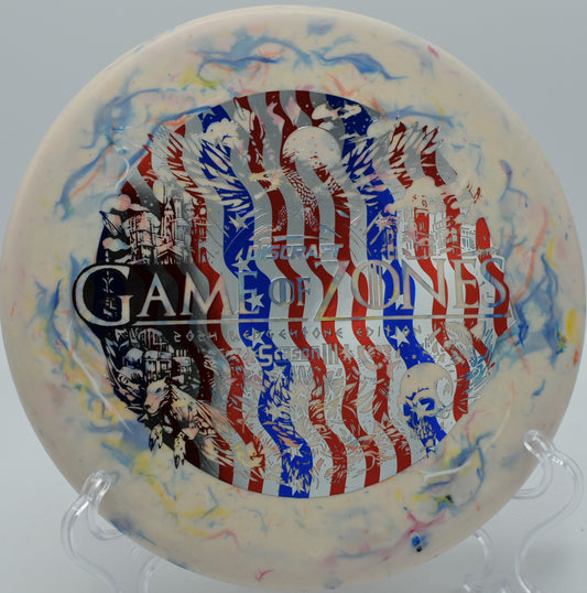 Jawbreaker Zone gripping the chains with a clean putt on Hole 11 at Trophy Club Disc Golf Course, Trophy Club, Texas.
