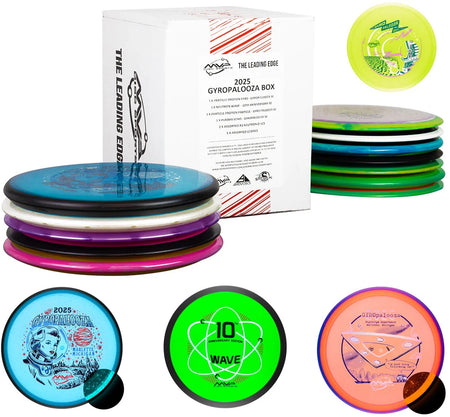 2023 Gyropalooza Mystery Box from MVP Disc Sports featuring exclusive Lab Second discs displayed on a disc golf practice basket at Maple Hill Disc Golf Course in Leicester, Massachusetts.