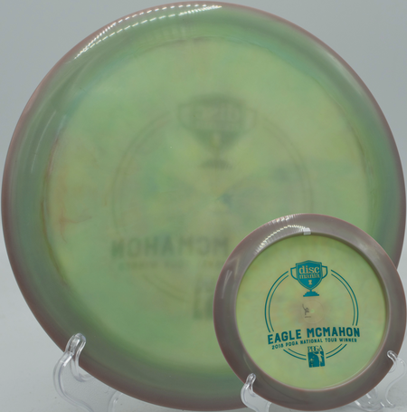 Discmania Swirly PD2 bombing a sky hyzer around tree lines at Sabattus DGC in Sabattus, Maine.

