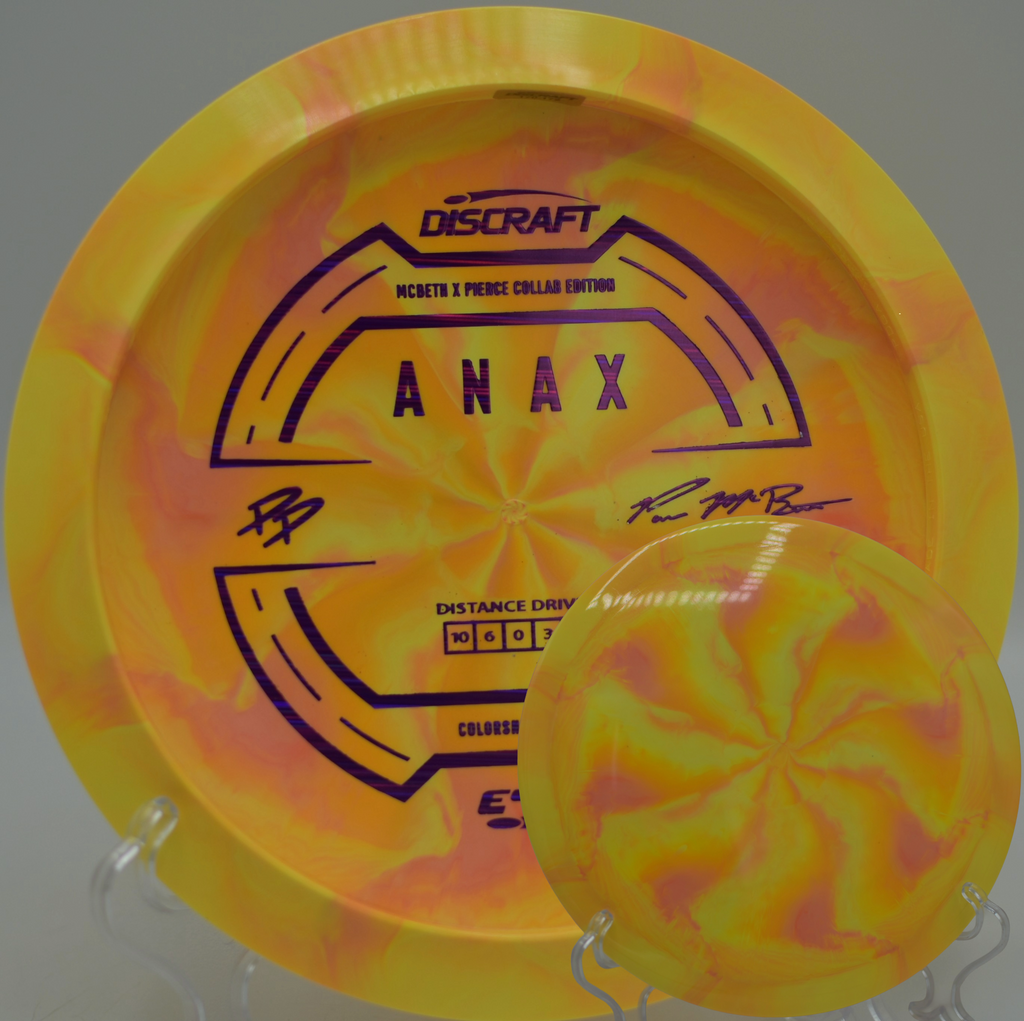 Special collab ESP Anax displayed on the wooded fairway at North Boundary Park DGC in Cranberry Township, PA, perfect for shaping long, straight-to-fade lines.