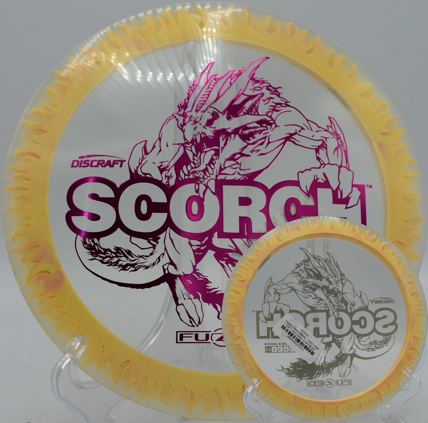 Discraft Scorchflame caught mid-flight at South Hills DGC in Lebanon, Pennsylvania

