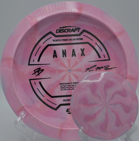 ESP Anax collaboration disc staged on the fairway at Maple Hill DGC in Leicester, MA, highlighting its reliable 0 turn and 3 fade finish.