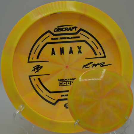 McBeth & Pierce 2025 ESP Anax photographed beside basket six at Moraine State Park DGC in Portersville, PA, ideal for long, accurate hyzers.