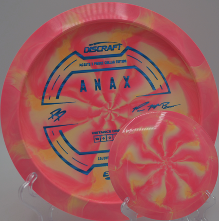 2025 Paul McBeth & Paige Pierce ESP Anax Collab resting on the tee pad at Idlewild DGC in Burlington, KY, showcasing its overstable 10-speed flight for controlled power lines.