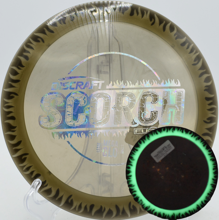 Discraft Scorch in CryZtal FuZed plastic with Mega Glo rim, slicing flex lines at Harry Myers Park, TX