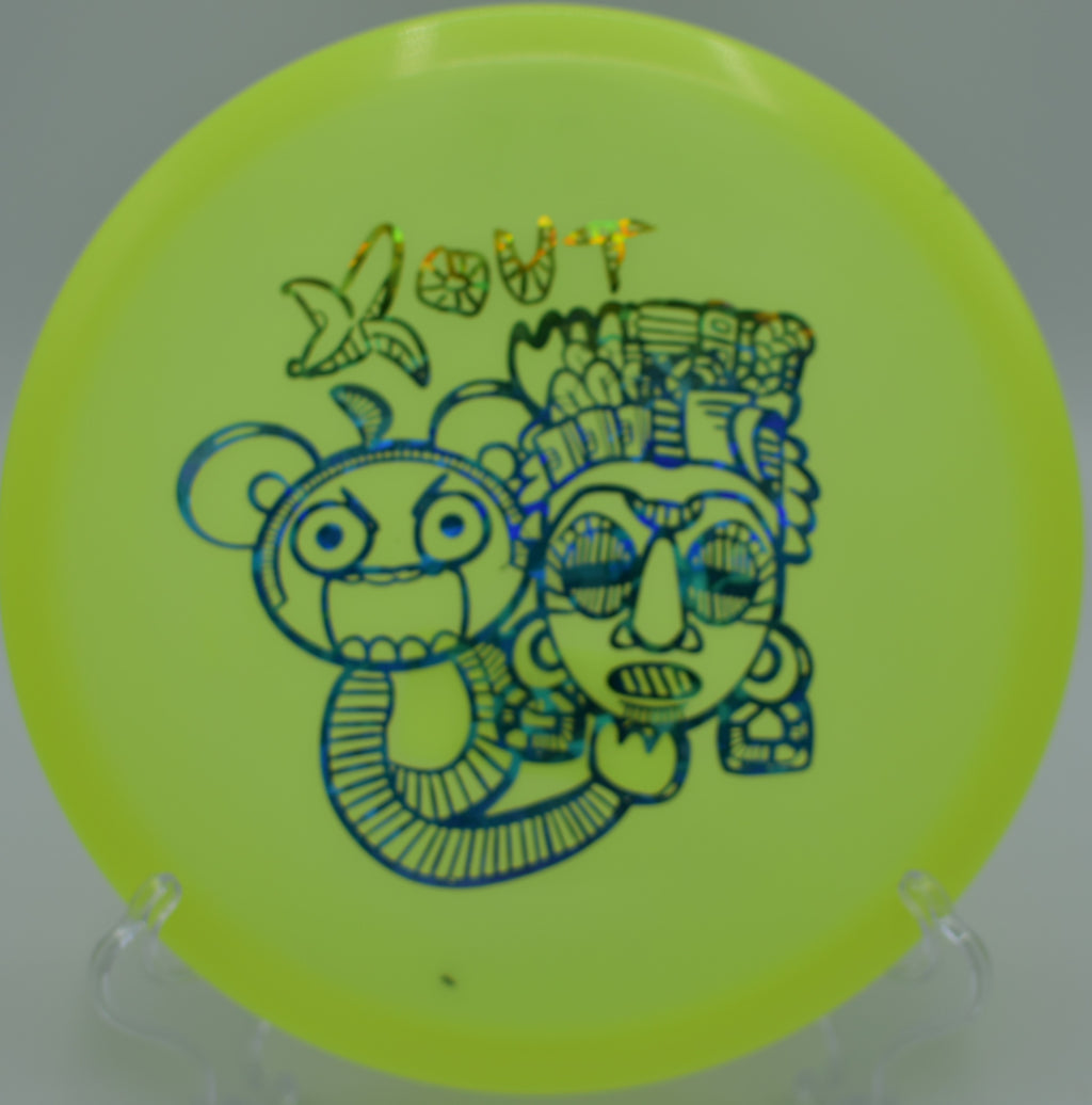 Glow C-Blend Anubis floating straight toward the basket on Hole 7 at Trophy Club Disc Golf Course, Trophy Club, Texas.
